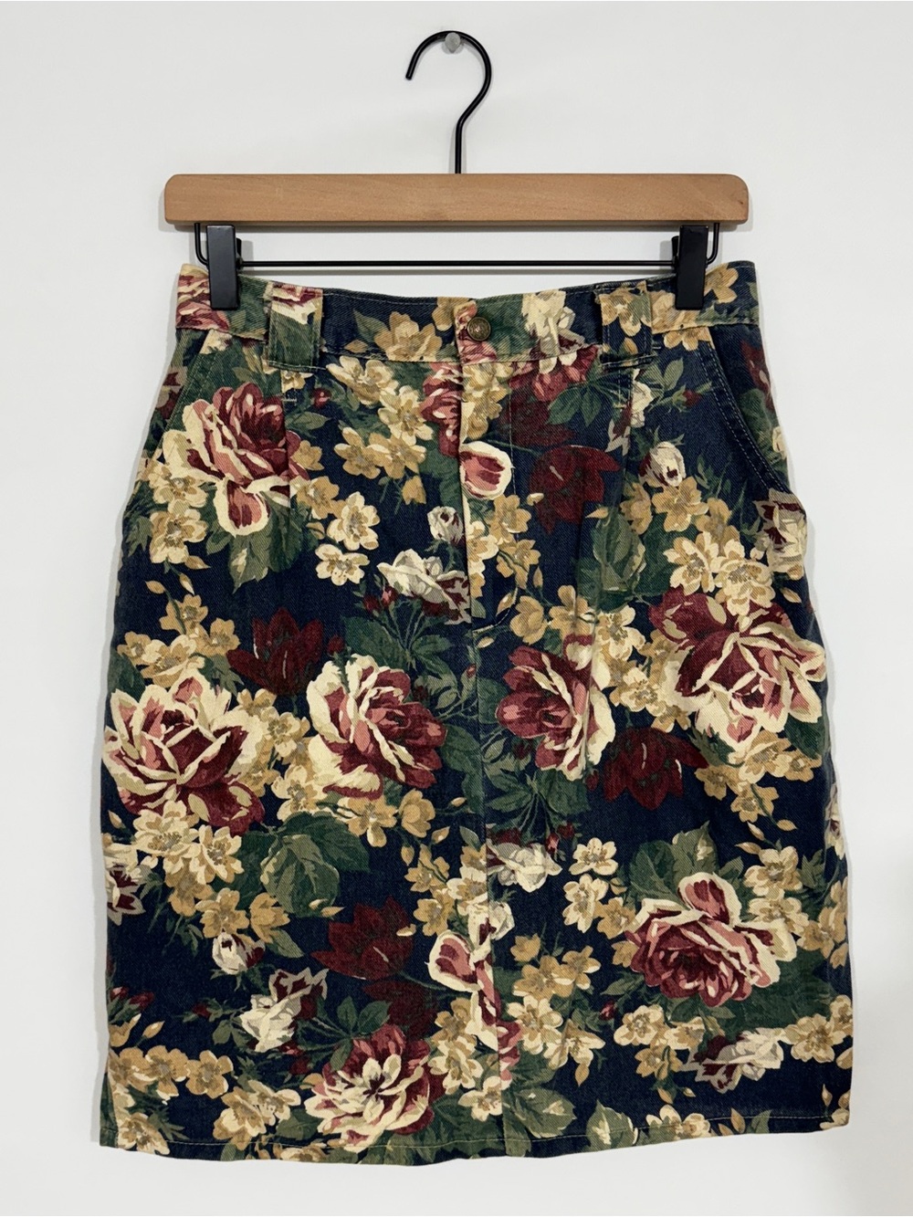 WSK71 Vintage Floral Roses Print Denim Jean Mini Skirt